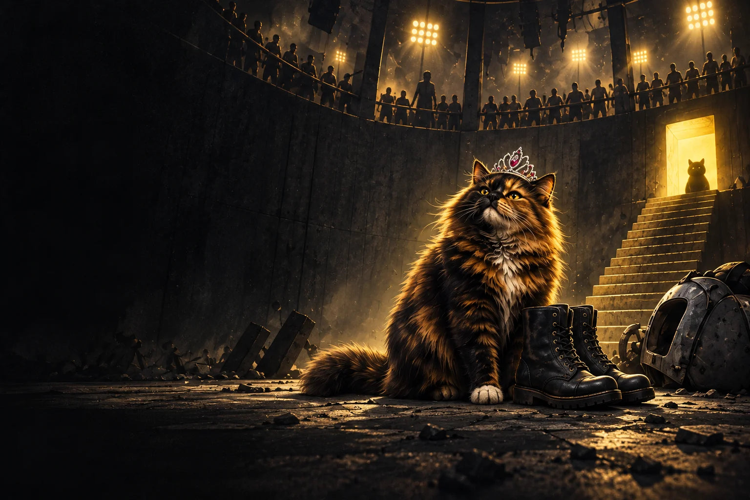 A tiara-wearing cat in a golden-lit underground arena